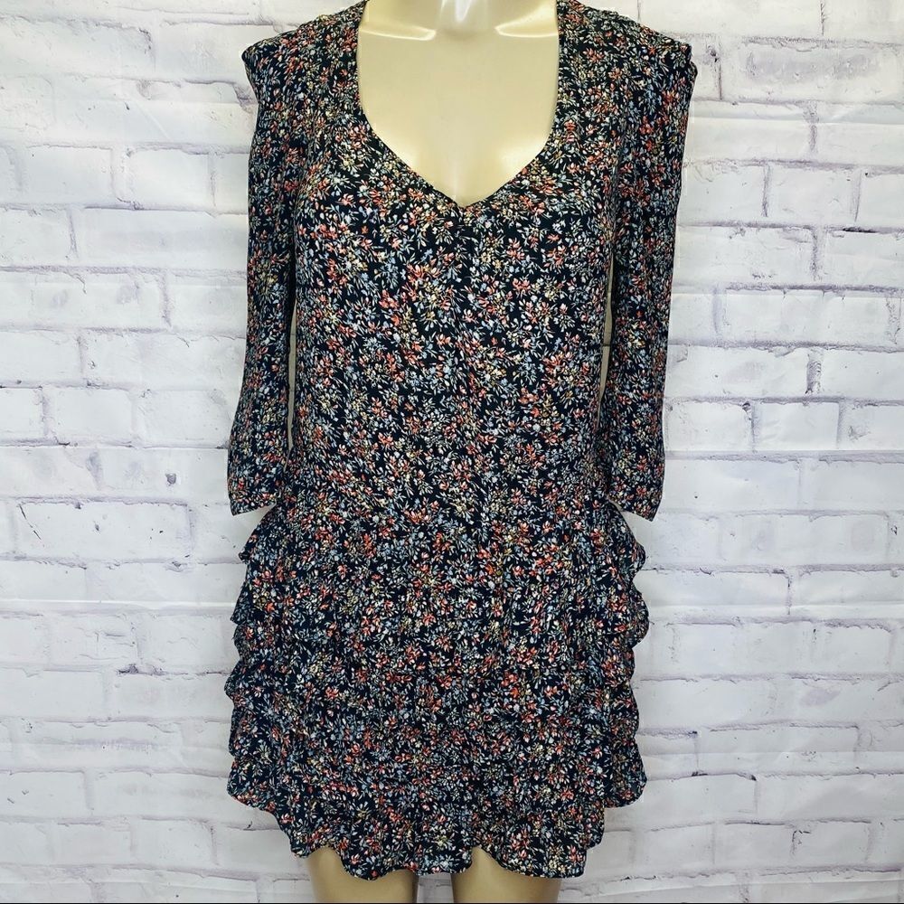 Sandro long sleeve Floral Mini Dress with tiered bottom ruffle